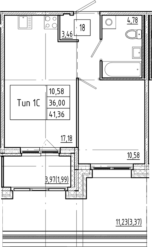 1-комнатная квартира 41.36 м², 2/4 эт., ЖК «Ranta Residence»